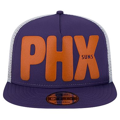 Men's New Era Purple Phoenix Suns Puff Print Team Code A-Frame 9FIFTY Trucker Snapback Hat