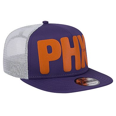 Men's New Era Purple Phoenix Suns Puff Print Team Code A-Frame 9FIFTY Trucker Snapback Hat