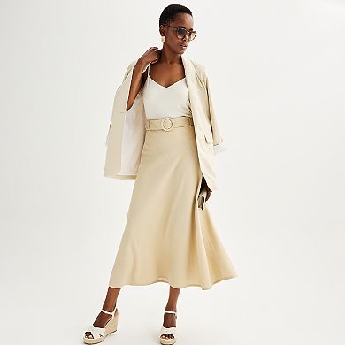Women's T Tahari Woven Linen Midi Skirt with Detachable Belt