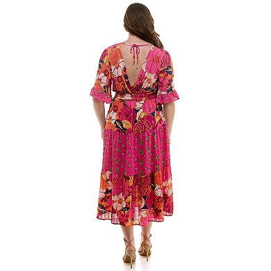 Plus Size Figueroa & Flower Printed V-Neck Tiered Maxi Dress