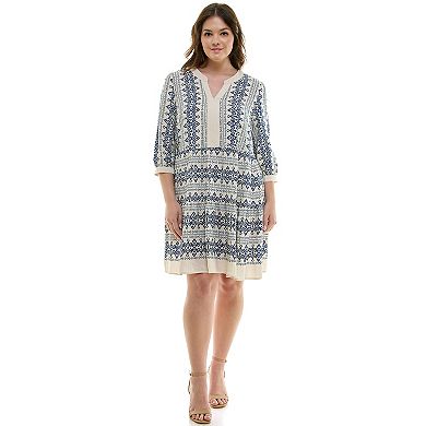 Plus Size Figueroa & Flower V-Neck Printed Baby Doll Dress