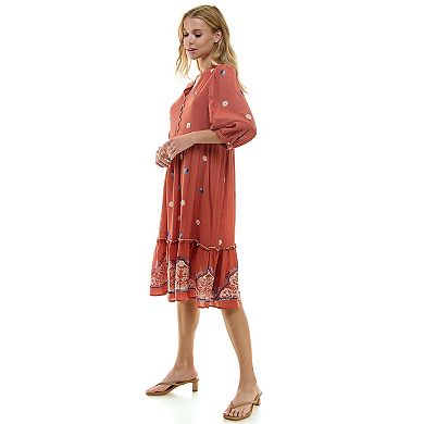 Women's Figueroa & Flower Elbow Sleeve Embroidered Midi Dress