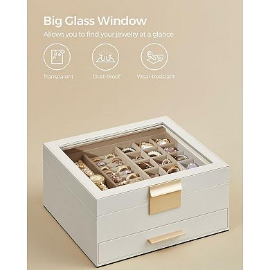 Jewelry Box With Glass Lid, 2-layer Jewelry Organizer, 1 Drawers