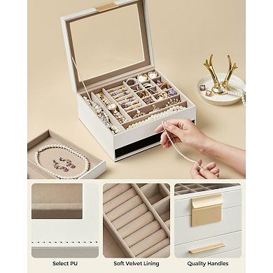 Jewelry Box With Glass Lid, 2-layer Jewelry Organizer, 1 Drawers