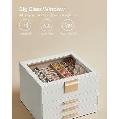 Jewelry Box With Glass Lid, 4-layer Jewelry Organizer, 3 Drawers, For Big And Small Jewelry
