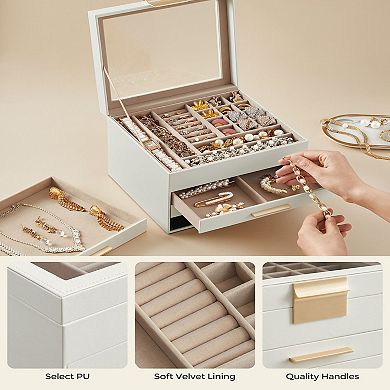 Jewelry Box With Glass Lid, 4-layer Jewelry Organizer, 3 Drawers, For Big And Small Jewelry