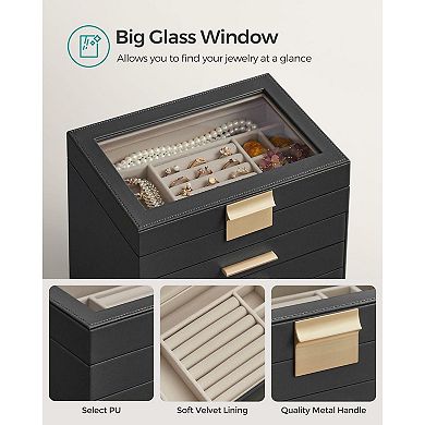 Jewelry Box With Glass Lid, 6-layer Jewelry Organizer, 5 Drawers
