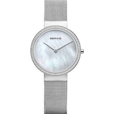 BERING Women's Classic Stainless Steel Crystal Accent Milanese Bracelet Watch and Crystal Heart Bracelet Gift Box Set -14531-004