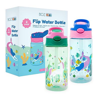 Boz Flip Water Bottles For Kids 2-pack - 14 Oz, Push Button Pop-up Straw, Leak Proof Water Bottle