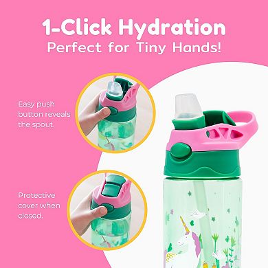 Boz Flip Water Bottles For Kids 2-pack - 14 Oz, Push Button Pop-up Straw, Leak Proof Water Bottle