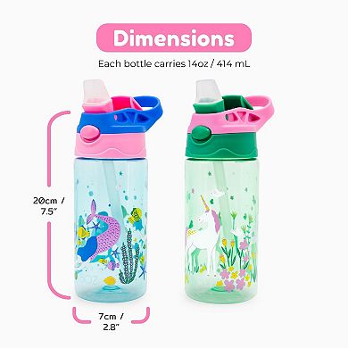 Boz Flip Water Bottles For Kids 2-pack - 14 Oz, Push Button Pop-up Straw, Leak Proof Water Bottle