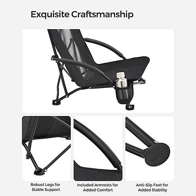 Portable Beach Chair with High Backrest, Cup Holder, Foldable, Lightweight Design