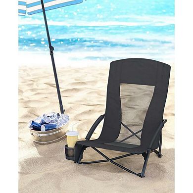 Portable Beach Chair with High Backrest, Cup Holder, Foldable, Lightweight Design