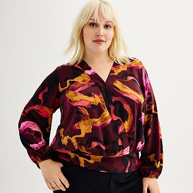 Plus Size Nine West Long Sleeve Surplice Blouse