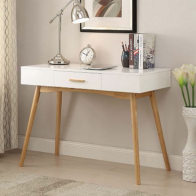 Modern Laptop Writing Desk In White With Natural Mid-century Style Legs