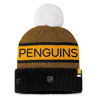 Women's Fanatics Branded Black/Gold Pittsburgh Penguins Authentic Pro Rink Cuffed Knit Hat with Pom