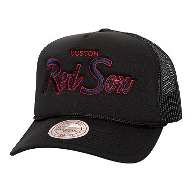 Men's Mitchell & Ness Black Boston Red Sox Script Trucker Adjustable Hat