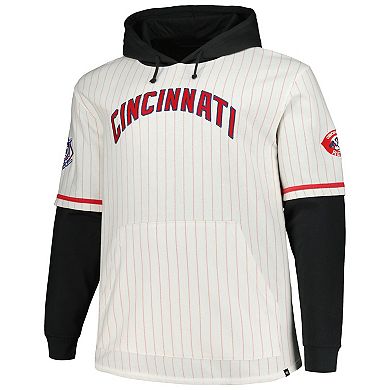 Men's '47 White Cincinnati Reds Big & Tall Pinstripe Double Header Collection Pullover Hoodie