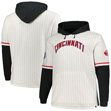 Men's '47 White Cincinnati Reds Big & Tall Pinstripe Double Header Collection Pullover Hoodie