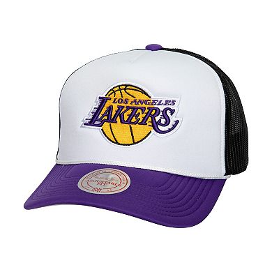 Men's Mitchell & Ness White Los Angeles Lakers Hardwood Classics Blocker Foam Front Trucker Snapback Hat