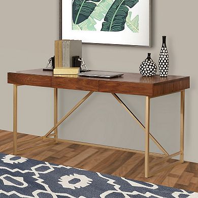 Modern Style Wooden Writing Desk With Unique Metal Legs, Walnut Brown And Gold