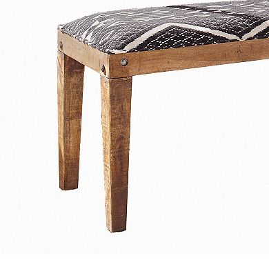 Fabric Upholstered Wooden Bench With Tapered Legs, Brown And Blue