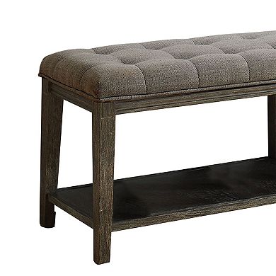 Traditional Bench With Button Tufted Seat And Open Bottom Shelf, Gray