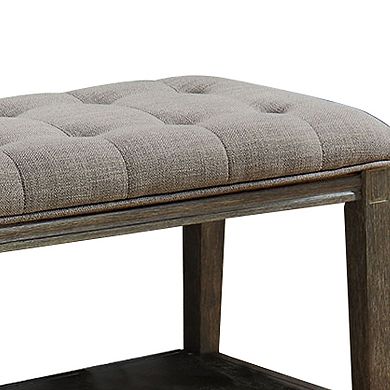 Traditional Bench With Button Tufted Seat And Open Bottom Shelf, Gray