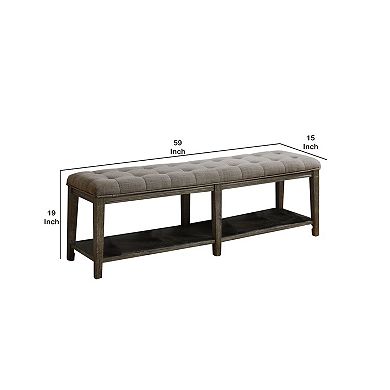 Traditional Bench With Button Tufted Seat And Open Bottom Shelf, Gray