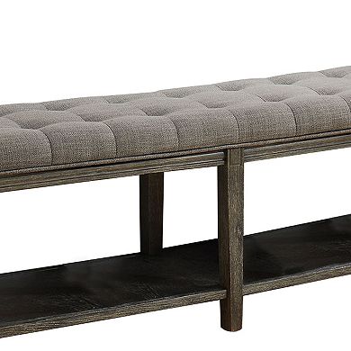 Traditional Bench With Button Tufted Seat And Open Bottom Shelf, Gray