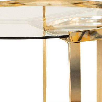 23 Inch Round Nesting Accent Tables, Glass Top, Metal Base, Set Of 2, Gold