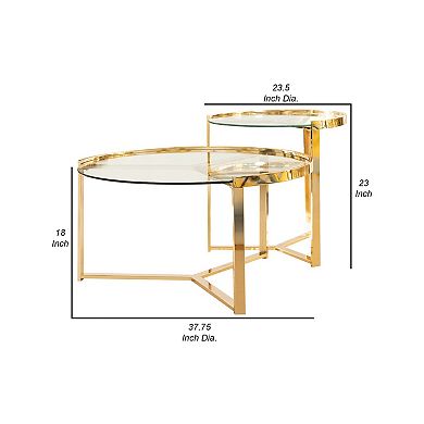 23 Inch Round Nesting Accent Tables, Glass Top, Metal Base, Set Of 2, Gold