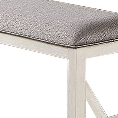 Lexi 50 Inch Dining Bench, Fabric Padded Seat, Rubberwood, Gray And White