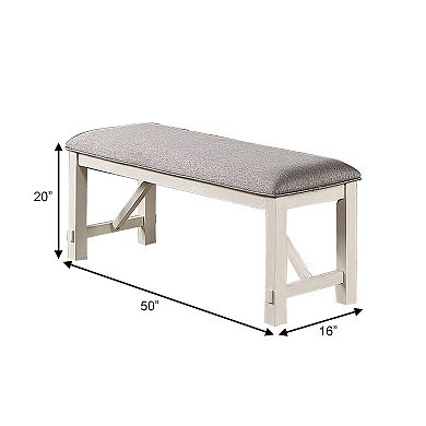 Lexi 50 Inch Dining Bench, Fabric Padded Seat, Rubberwood, Gray And White