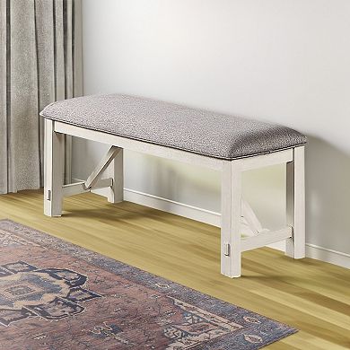 Lexi 50 Inch Dining Bench, Fabric Padded Seat, Rubberwood, Gray And White