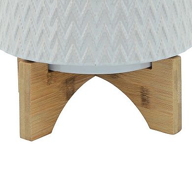 Ceramic Planter With Chevron Pattern And Wooden Stand, Small, White