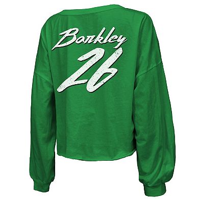 Women's Majestic Threads Saquon Barkley Kelly Green Philadelphia Eagles Name & Number Off-Shoulder Script Cropped Long Sleeve V-Neck T-Shirt
