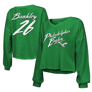 Women's Majestic Threads Saquon Barkley Kelly Green Philadelphia Eagles Name & Number Off-Shoulder Script Cropped Long Sleeve V-Neck T-Shirt
