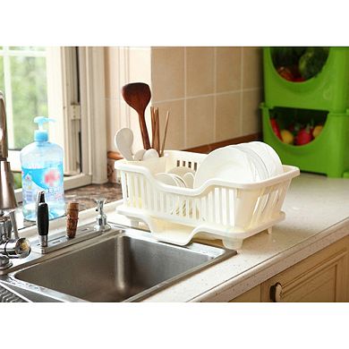 Plastic Dish Rack With Drain Board And Utensil Cup