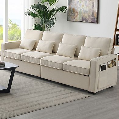 104" 4-seater Modern Linen Fabric Sofa With Armrest Pockets And 4 Pillows, Minimalist Style