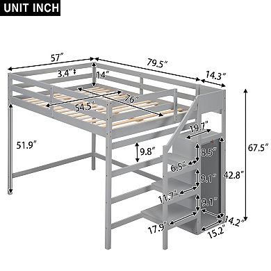 Full Size Loft Bed With Built-in Storage Wardrobe And Staircase