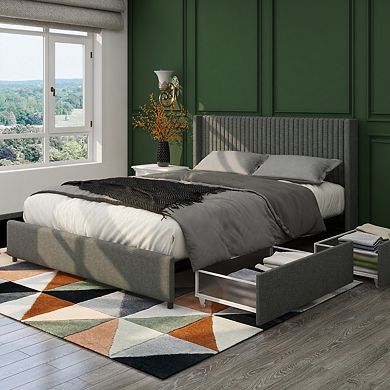 Queen Size Gray Linen Upholstered Platform Bed With Storage