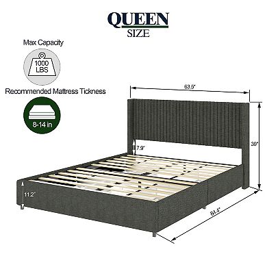 Queen Size Gray Linen Upholstered Platform Bed With Storage
