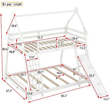 Twin Over Queen House Bunk Bed With Climbing Nets And Climbing Ramp