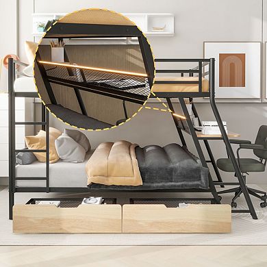 Full Size Metal Bunk Bed With Built-in Desk, Light And 2 Drawers