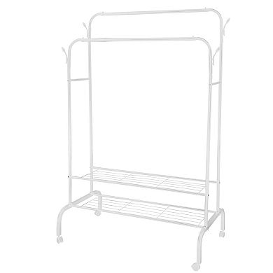 Clothing Hanging Rack With Shelves And Rolling Wheels