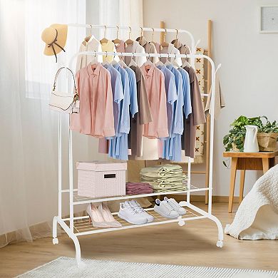 Clothing Hanging Rack With Shelves And Rolling Wheels