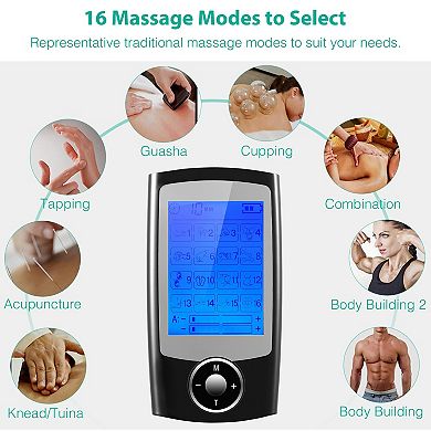 Black, Tens Unit Machine With 16 Modes For Pain Relief And Dual Outputs