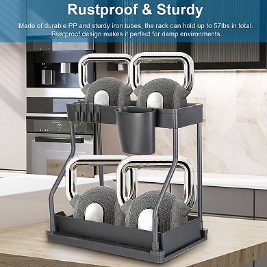 2-tier Under Sink Organization Power With 8 Removable Hooks 2 Hanging Cups