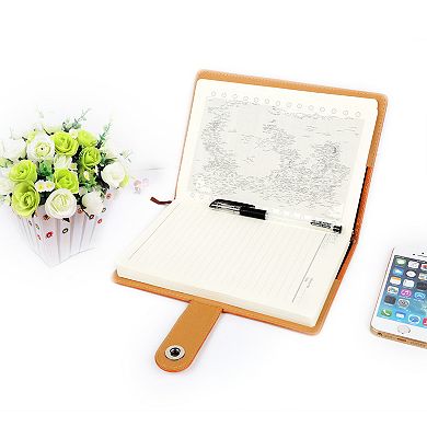 Orange, World Map Pu Leather Notebook Memopad With Calendar And Silk Ribbon